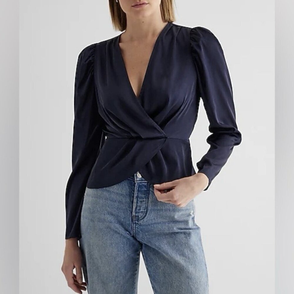 Express Women's Satin Top Size XS Navy Puff Shoulder Draped Faux Wrap NWT $58